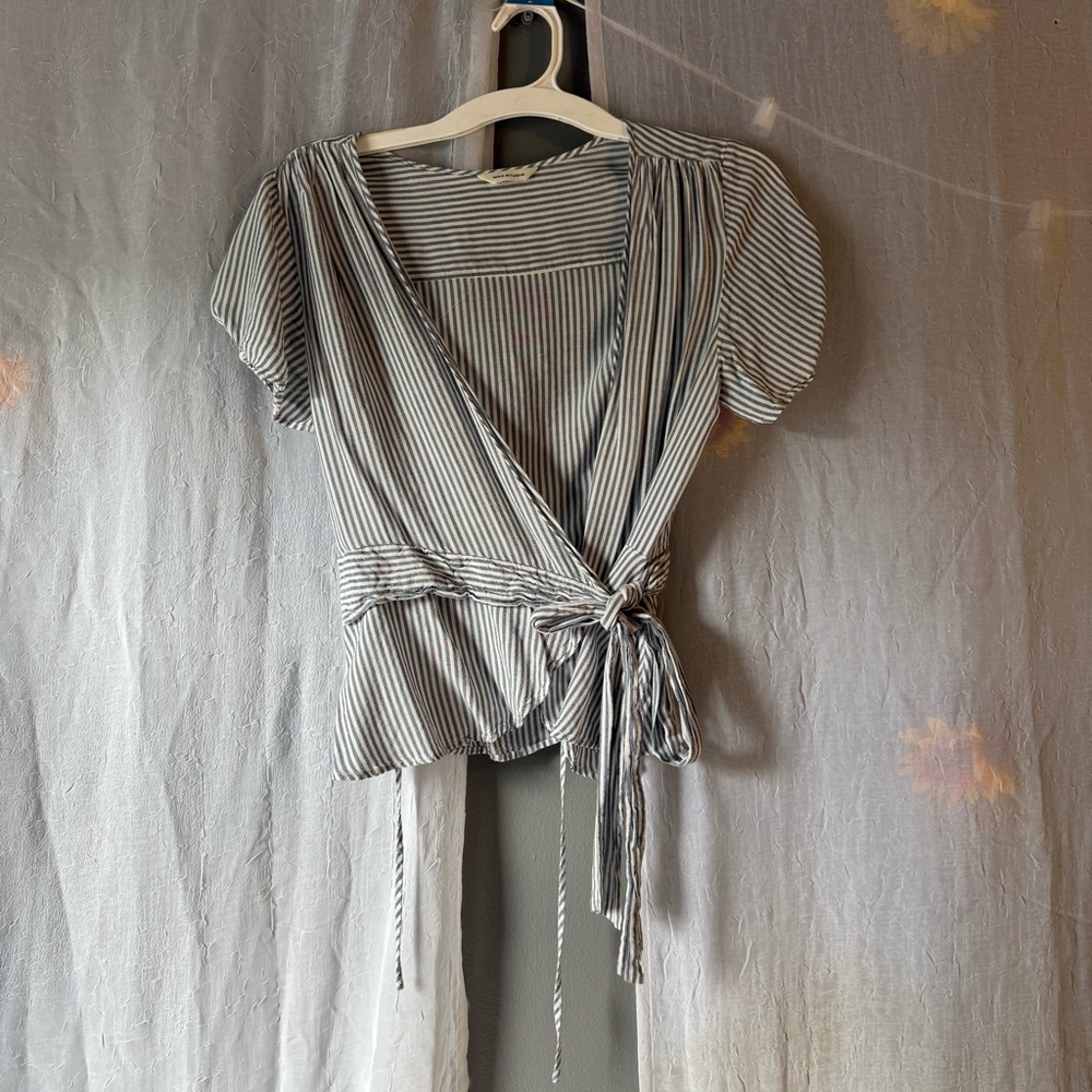 Blue and White Striped Wrap Blouse with Tie